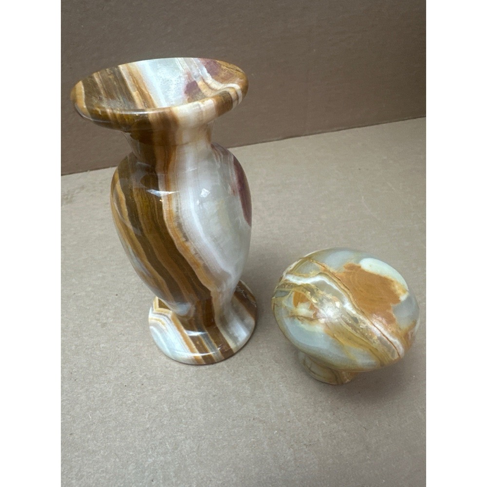 Vintage Banded Onyx Marble Small Vase & Mushroom Figurine Set Made in Pakistan